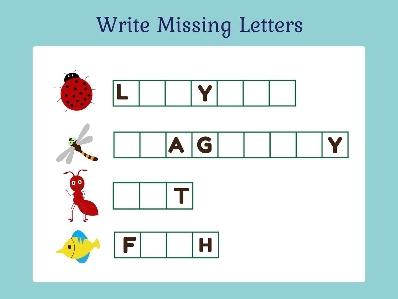 Write Missing Letters Game Animal series. vector