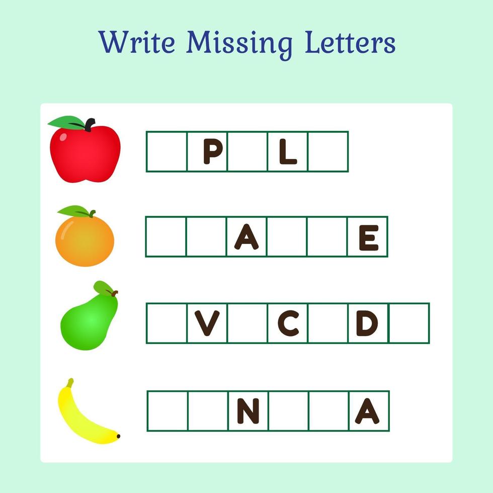 Write Missing Letters Game for Kids. Perfect for Children Activity. vector