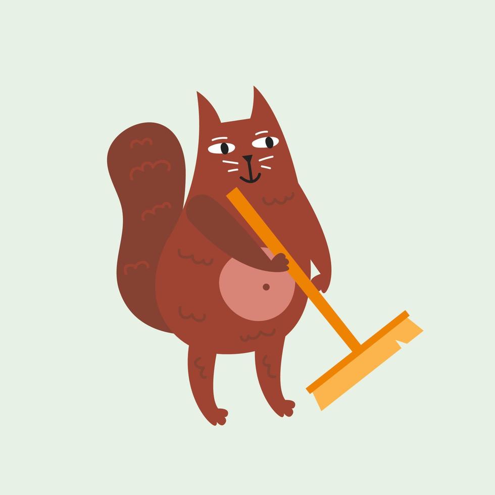 Domestic funny cat kitten kitty doing cleaning tidying vector illustration isolated on background