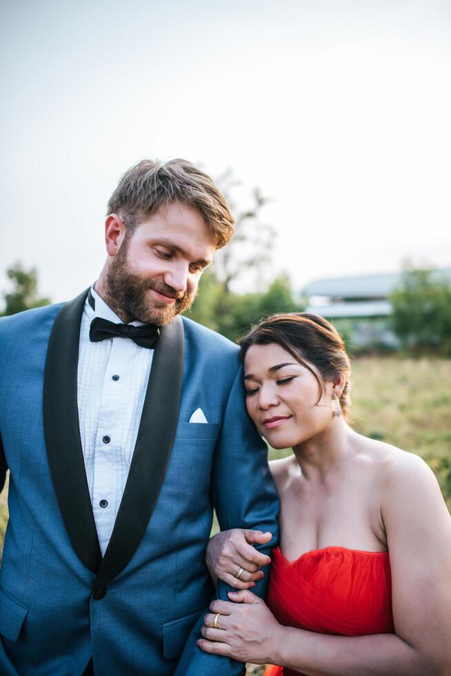 Bride and groom have romance time and happy together photo