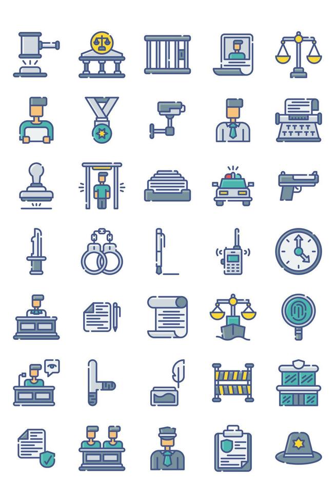 justice and law filled line style icon set vector