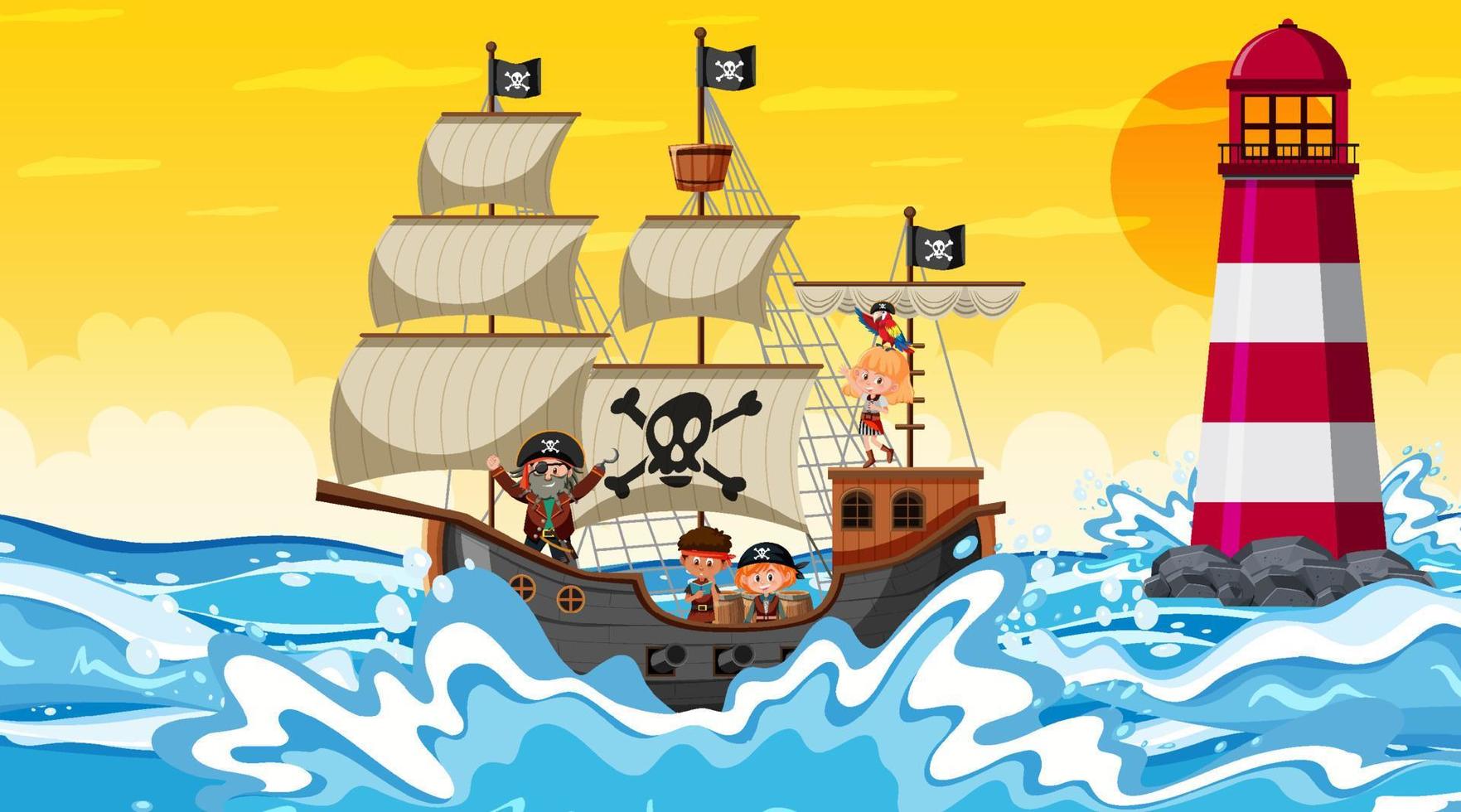 océano con barco pirata en la escena del atardecer en estilo de dibujos animados vector