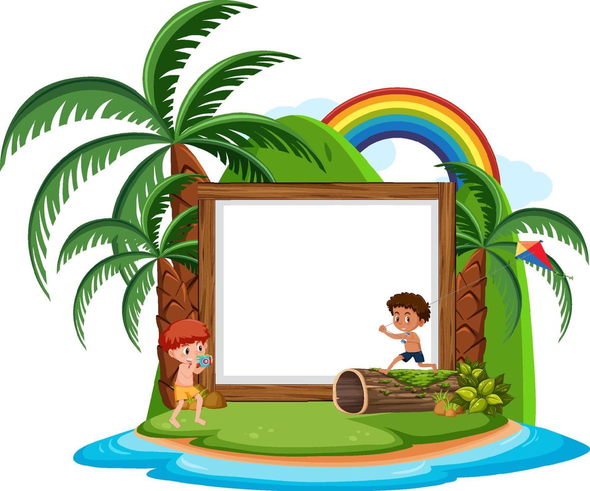 Empty banner template with kids character on summer vacation at the beach on white background vector