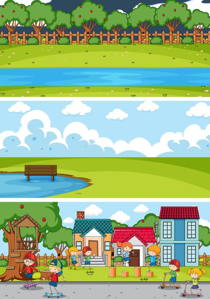 Set of different horizontal scenes background with doodle kids cartoon character vector