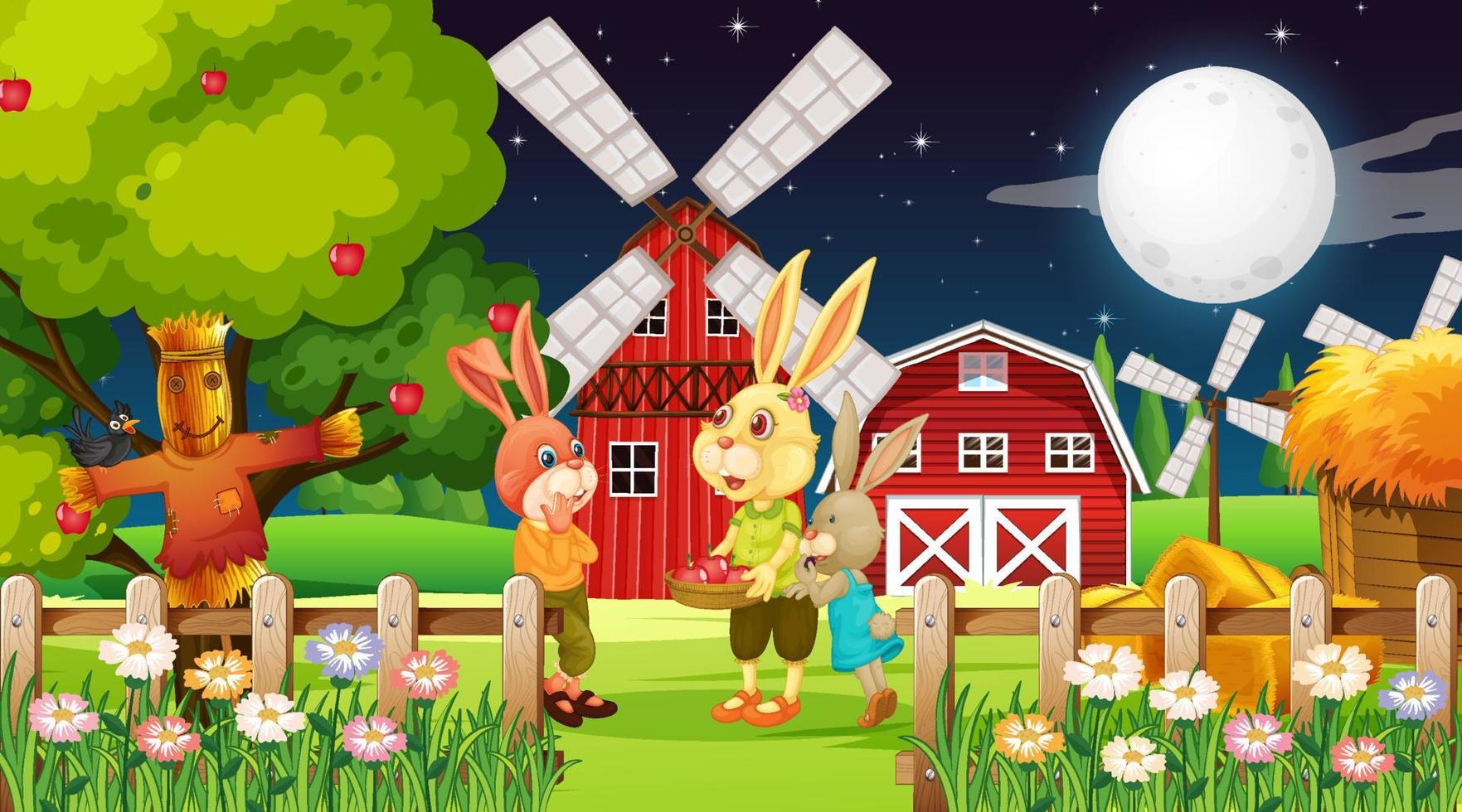 Farm at night scene with rabbit family vector