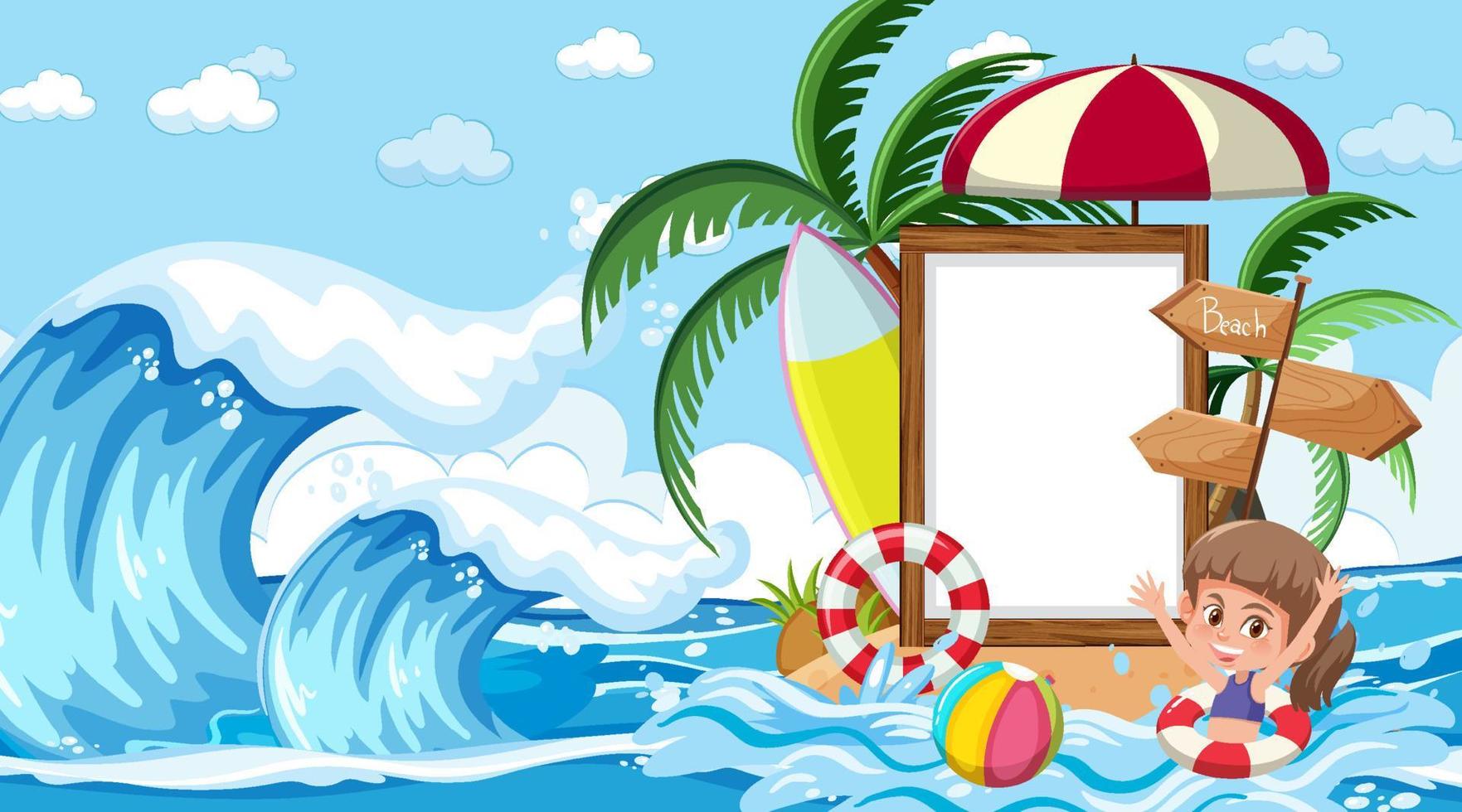 Empty banner template with kids on vacation at the beach daytime scene vector