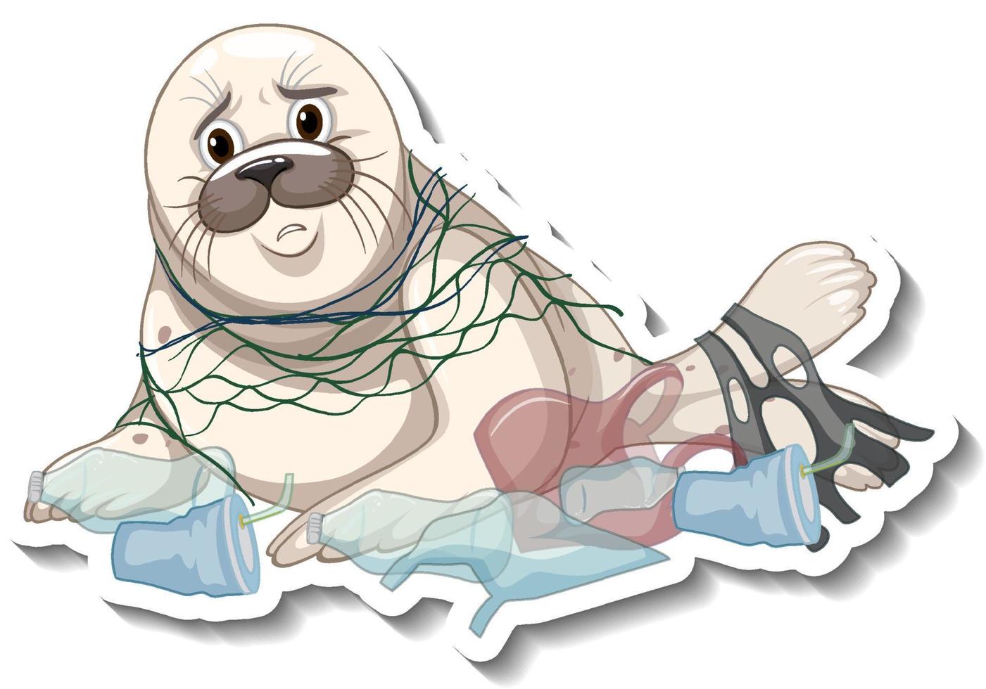 Seal stuck with plastic waste on white background vector