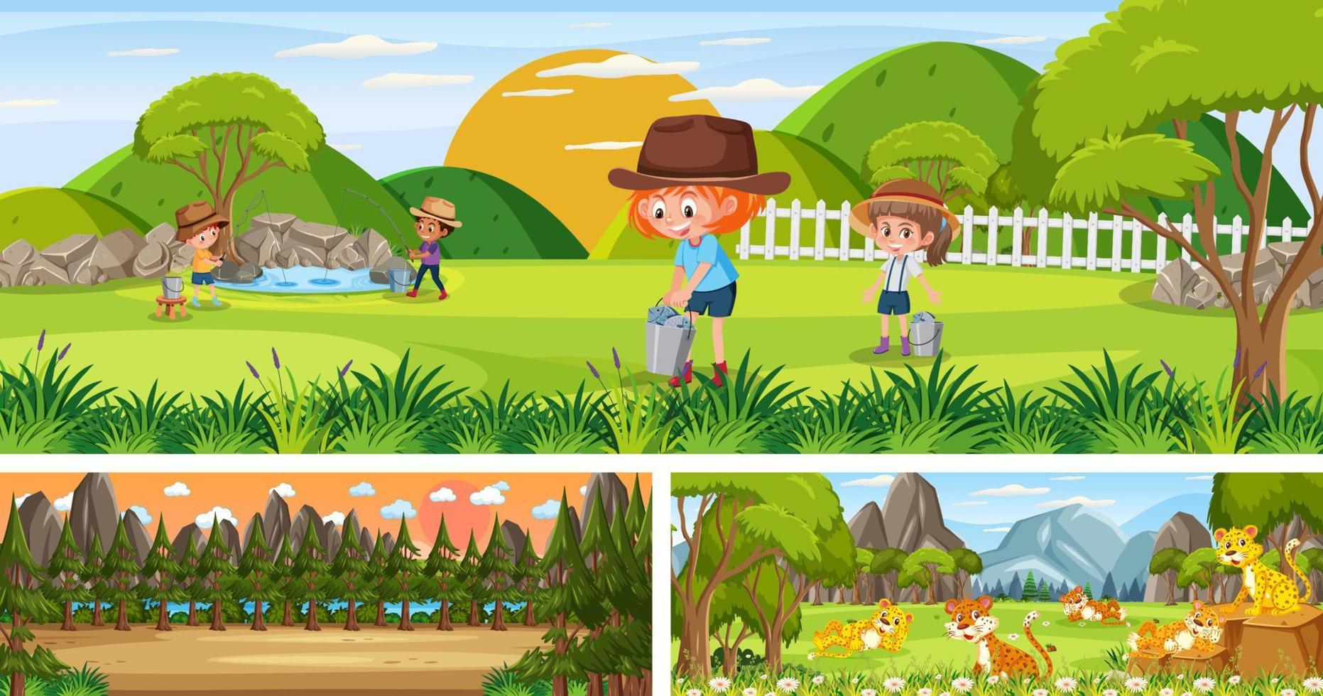 Set of different outdoor landscape scenes with cartoon character vector