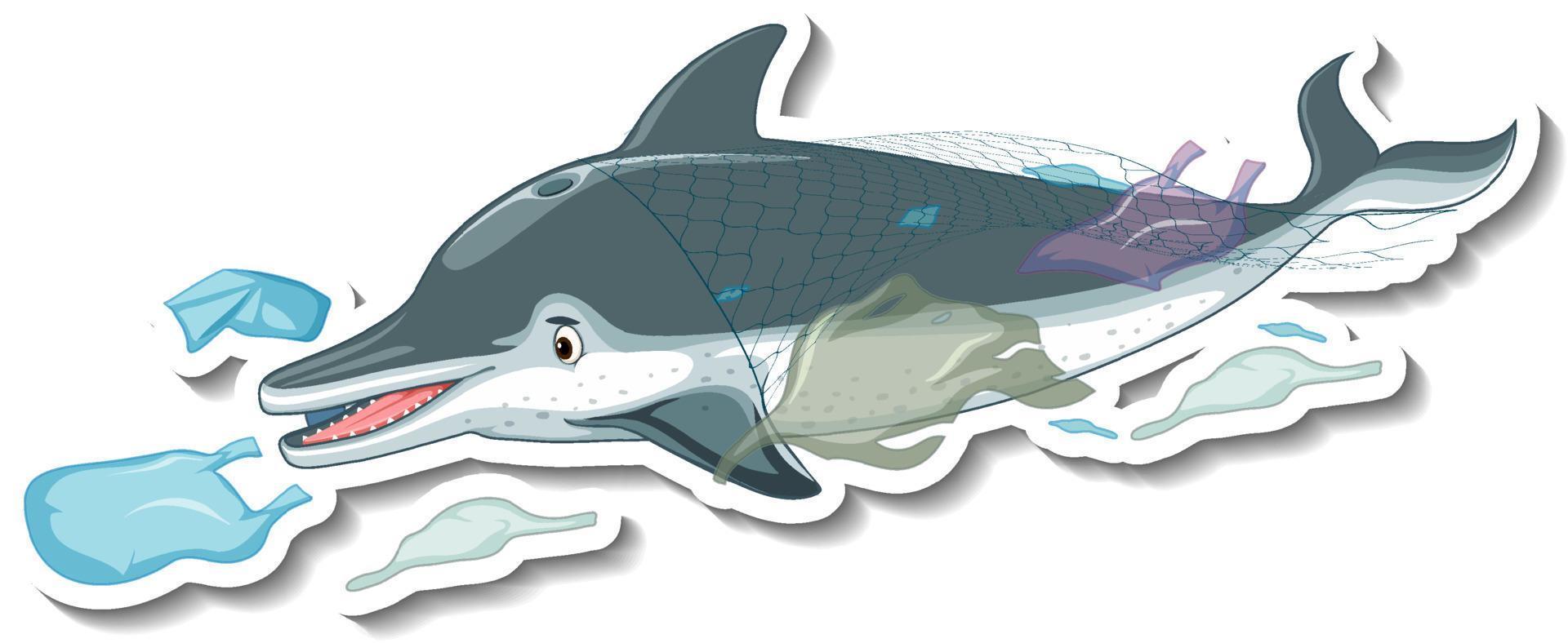 Dolphin stuck in plastic bags on white background vector