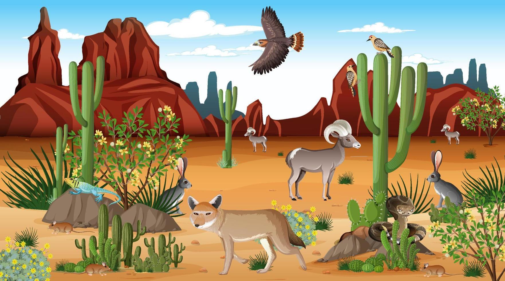 Desert forest landscape at daytime scene with willd animals vector