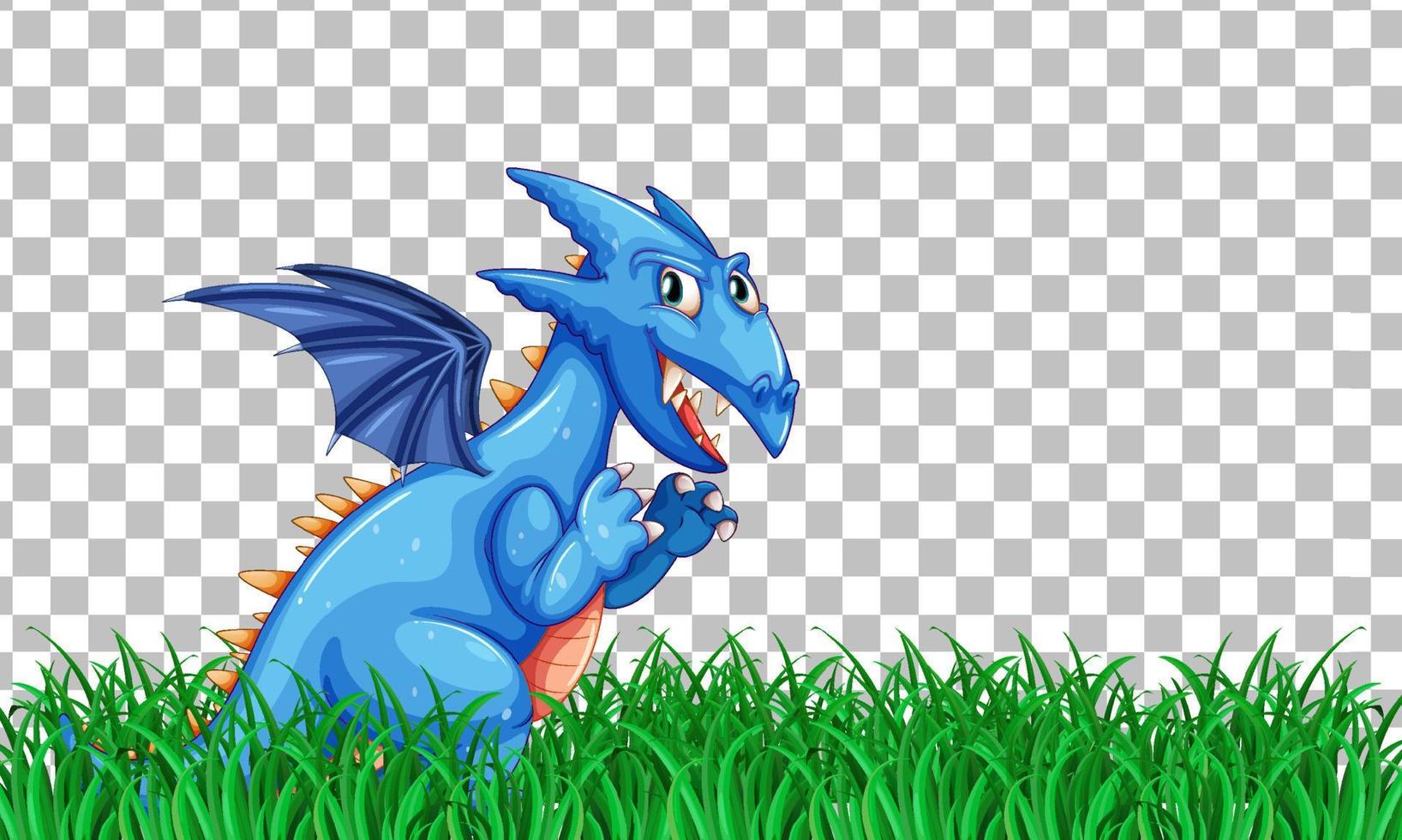 Dragon cartoon character on green grass on grid background vector