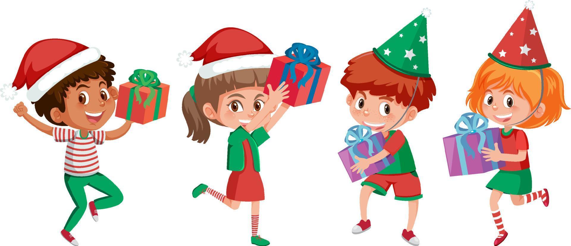 Set of a children cartoon character holding a their gift box in Christmas theme vector