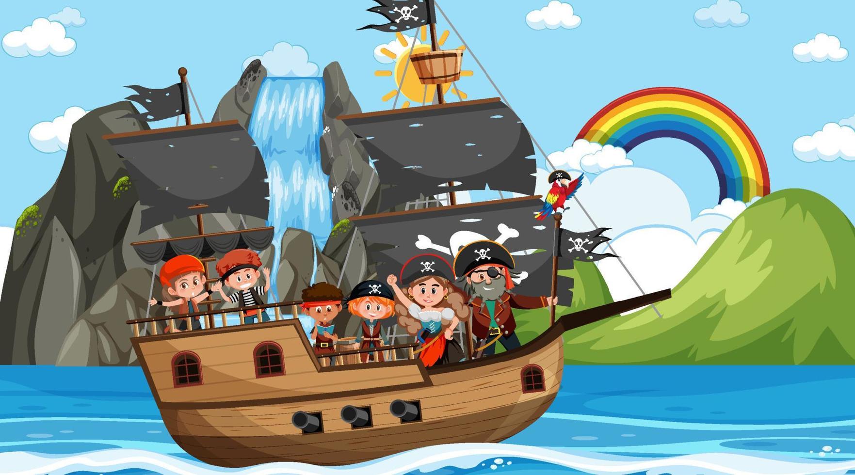 Escena del océano durante el día con niños piratas en el barco. vector