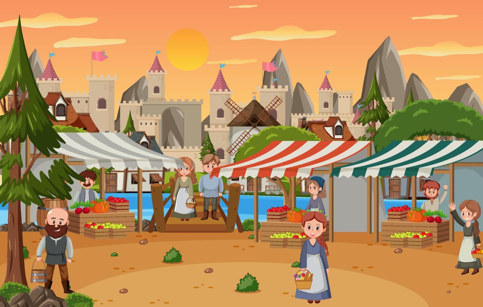 Escena de la ciudad medieval con aldeanos en la plaza del mercado. vector