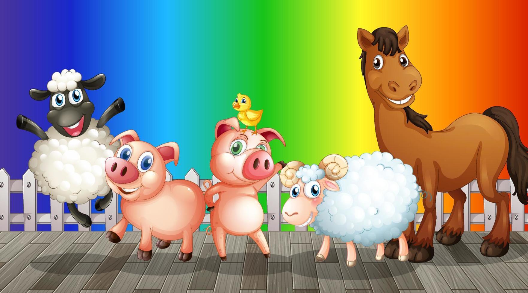 personaje de dibujos animados de animales de granja sobre fondo degradado de arco iris vector