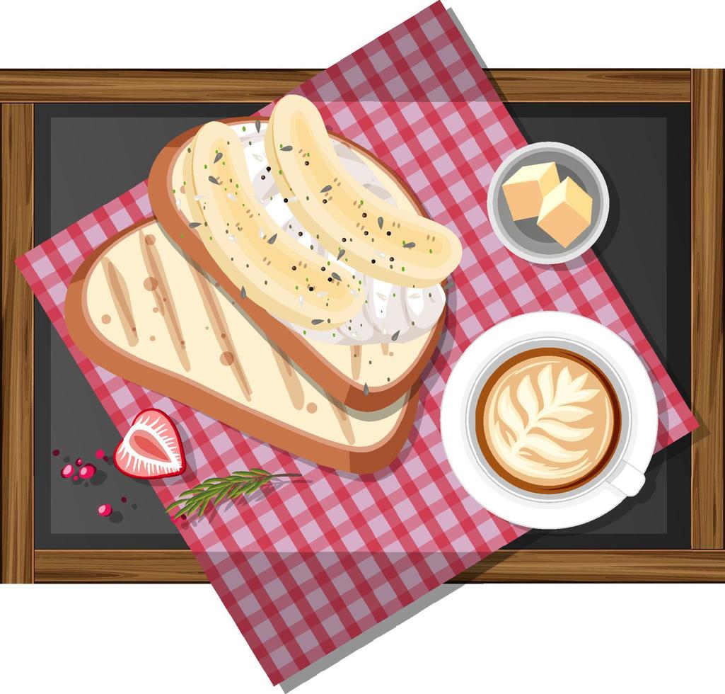 Bruschetta with banana toppings and a cup of coffee isolated vector