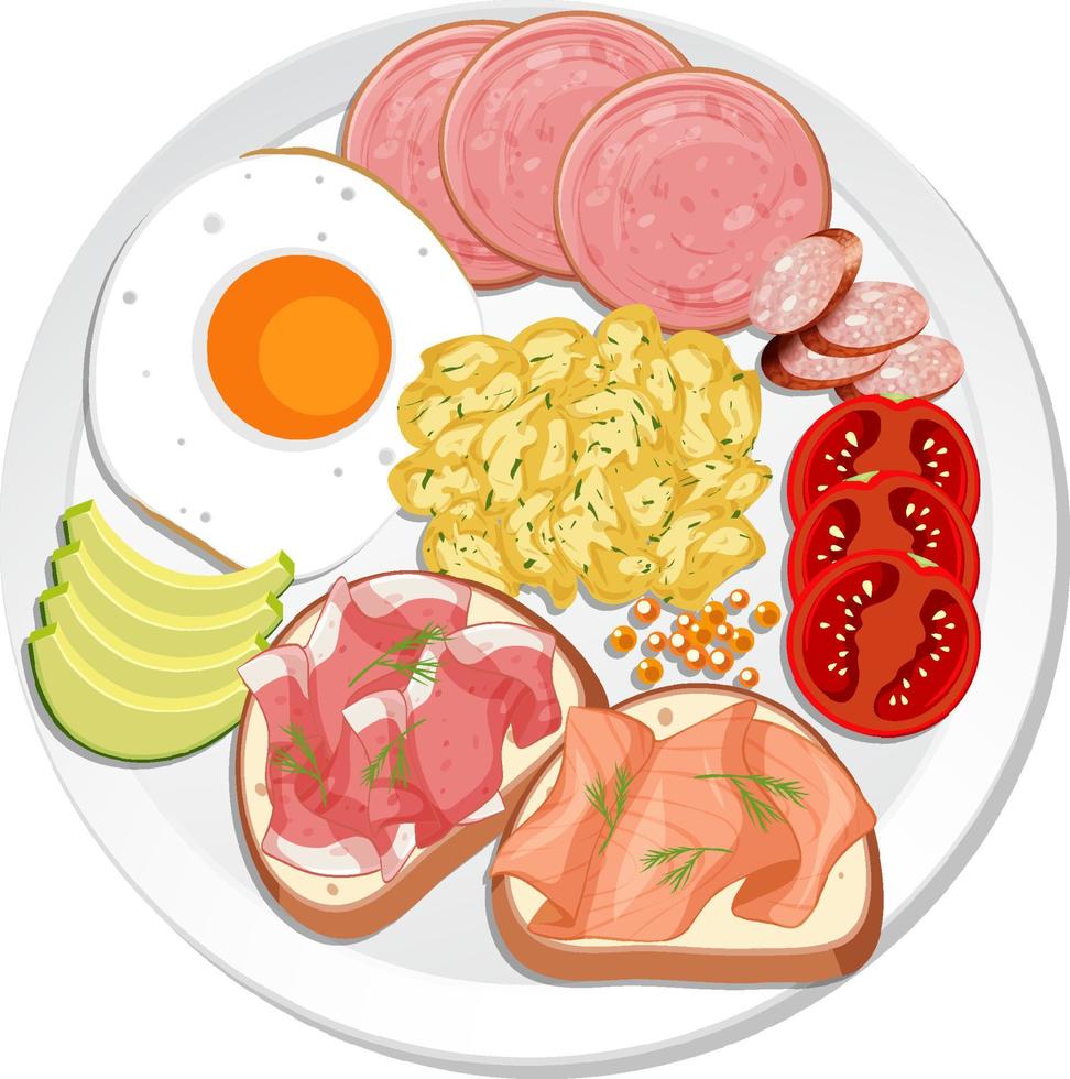 Plato de desayuno con huevos revueltos y carnes. vector