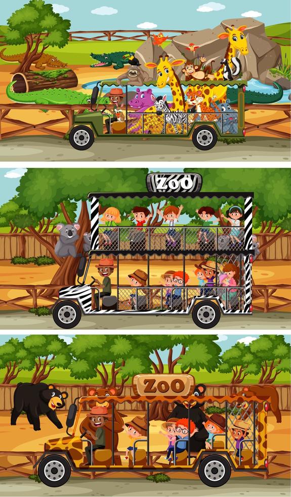 Set of different safari horizontal scenes with animals and kids cartoon character vector