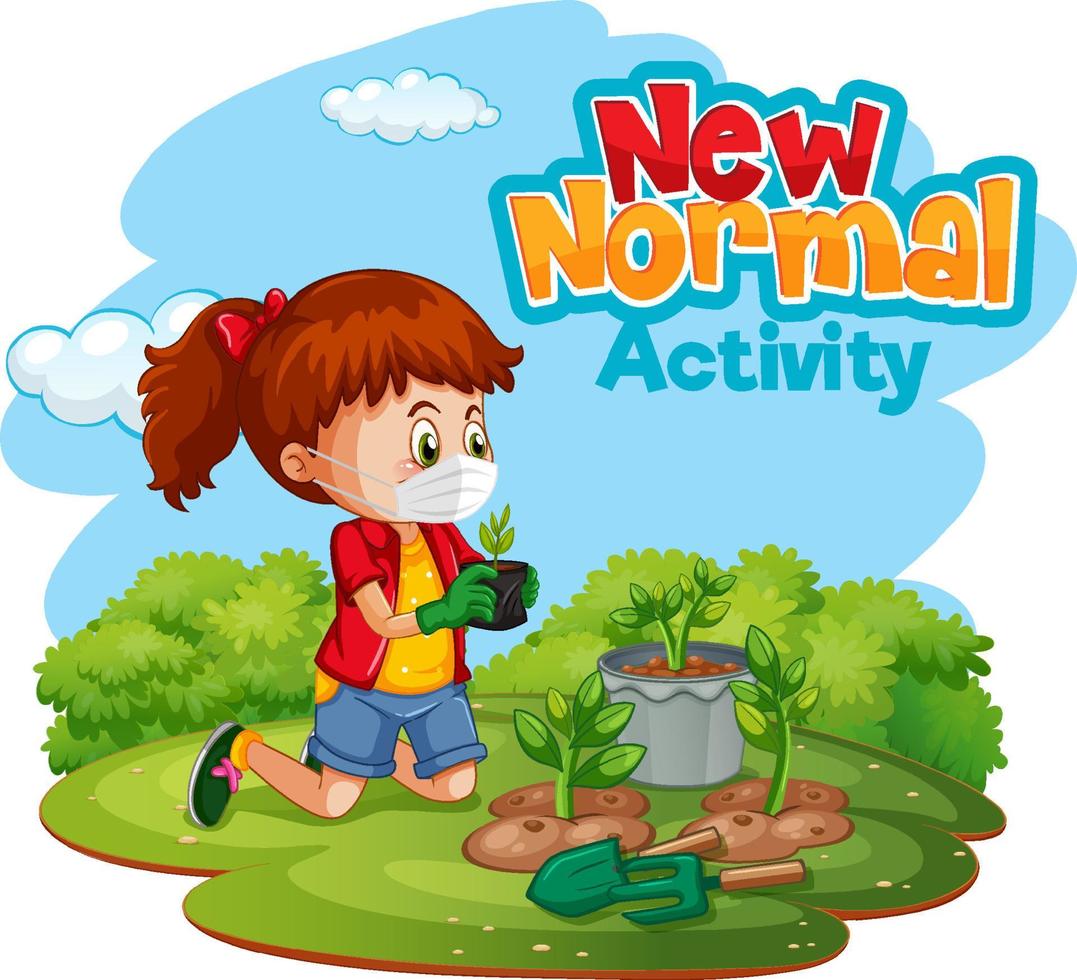 New normal activity with a girl wearing masking in the garden vector