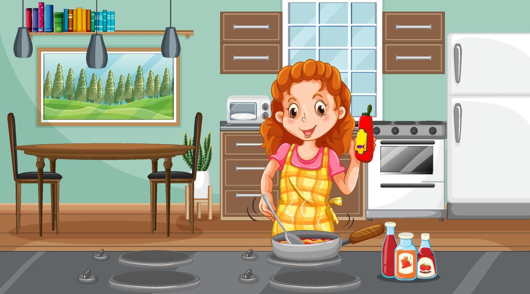 A happy woman cooking in the kitchen scene vector