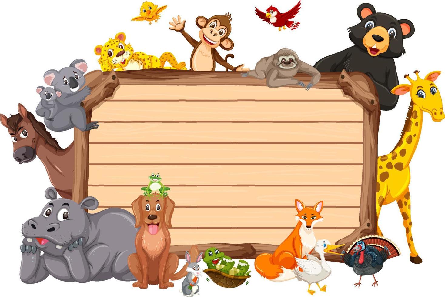 Empty wooden board with various wild animals vector