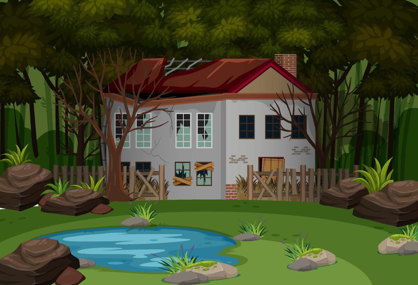 Scene with abandoned house in the dark forest vector