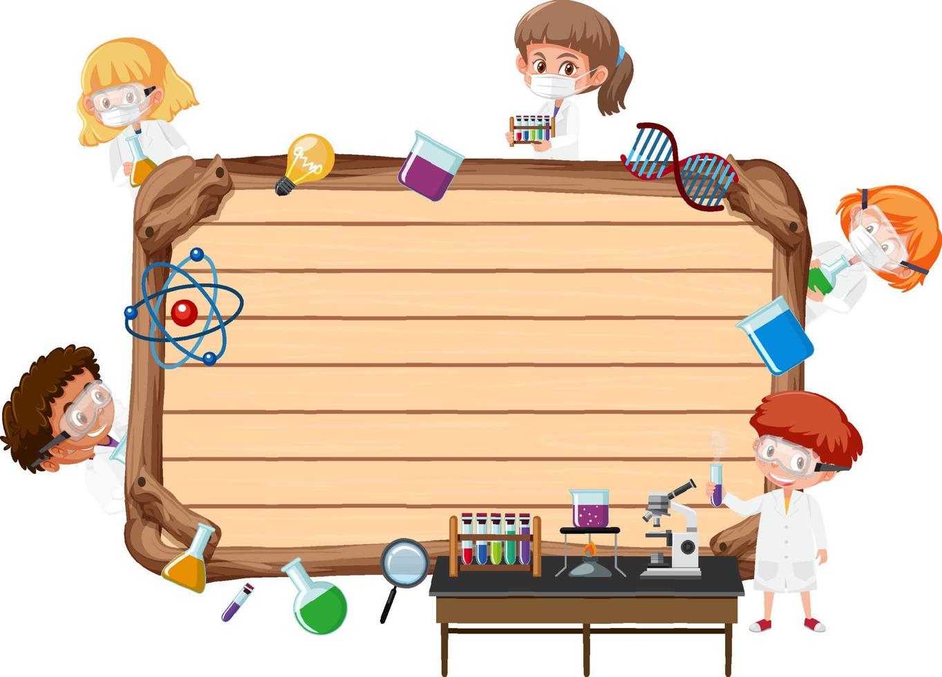 Empty wooden board with scientist kids cartoon character vector