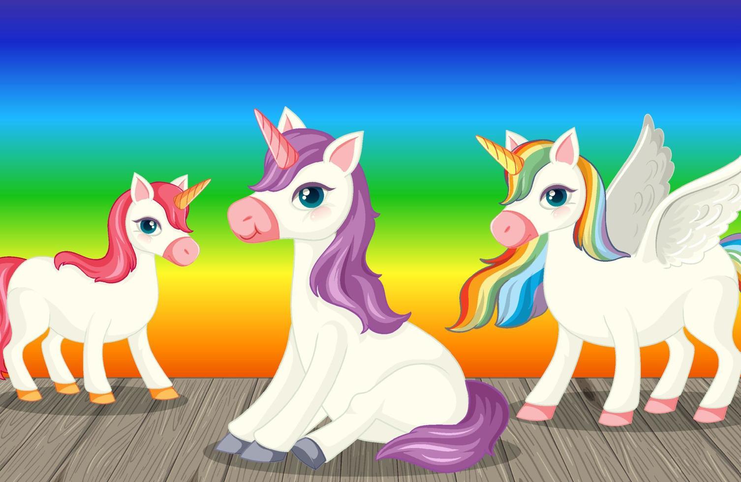 unicornios sobre fondo degradado de arco iris vector