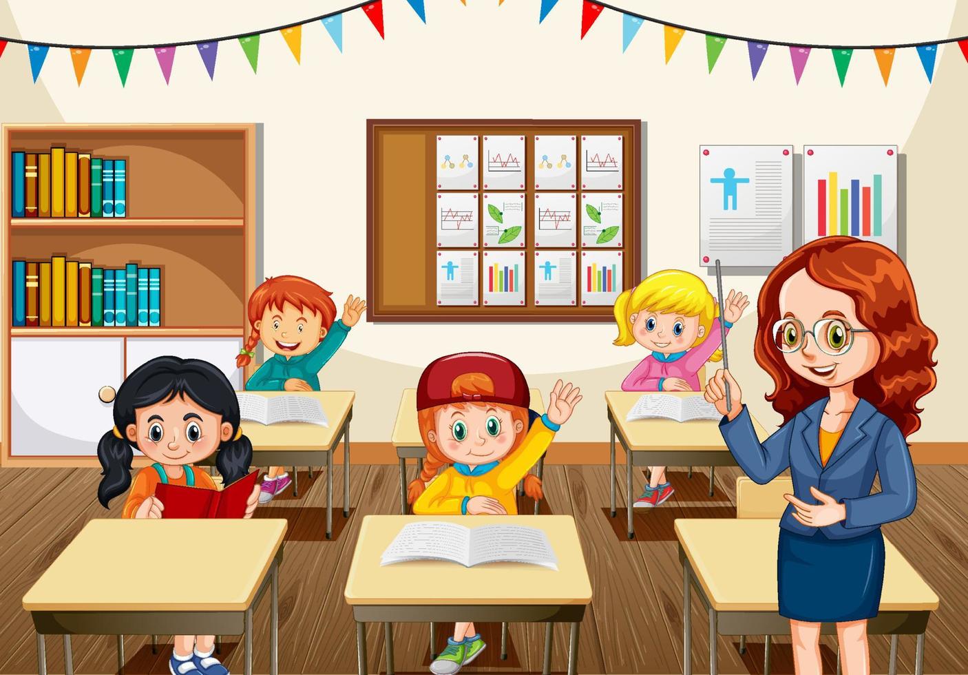 Teacher teaching students in the classroom scene vector