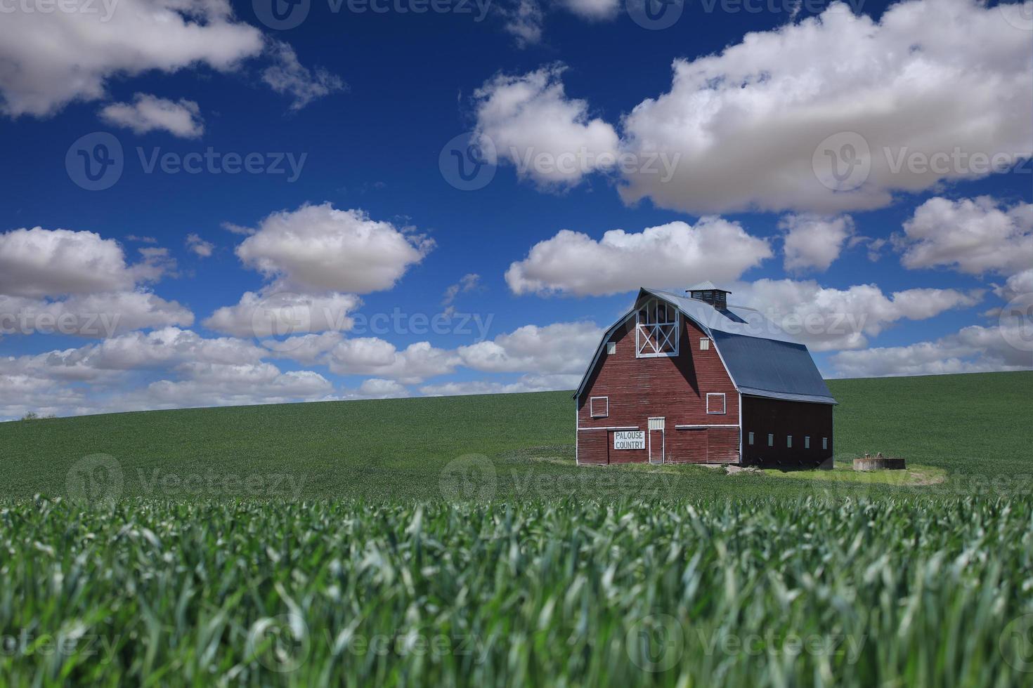 sol y granero rojo en los campos del país de palouse foto