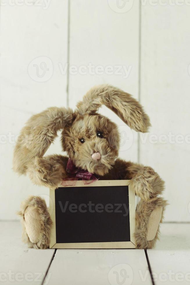 Teddy Bear Like Home Made Bunny Rabbit on Wooden White Background photo