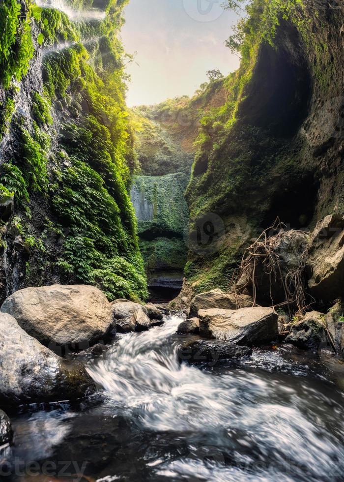 majestuosa cascada madakaripura que fluye en el valle foto