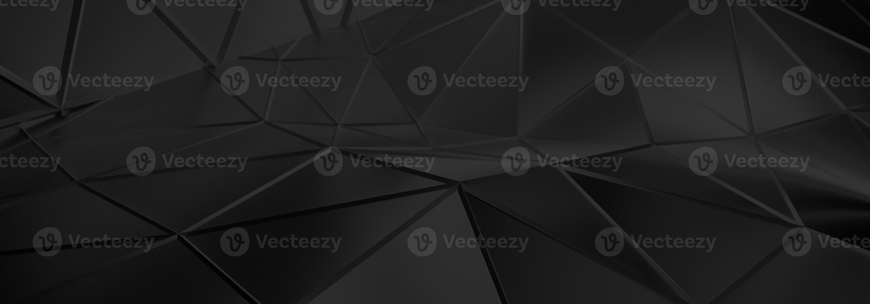 3d ILLUSTRATION, of black abstract crystal background, triangular texture, wide panoramic for wallpaper, 3d black background low poly design photo