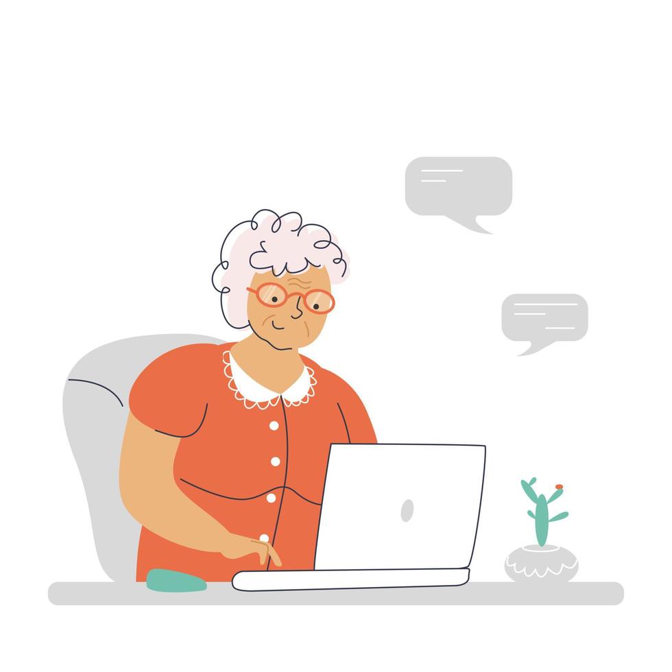 Happy granny communicates via laptop vector