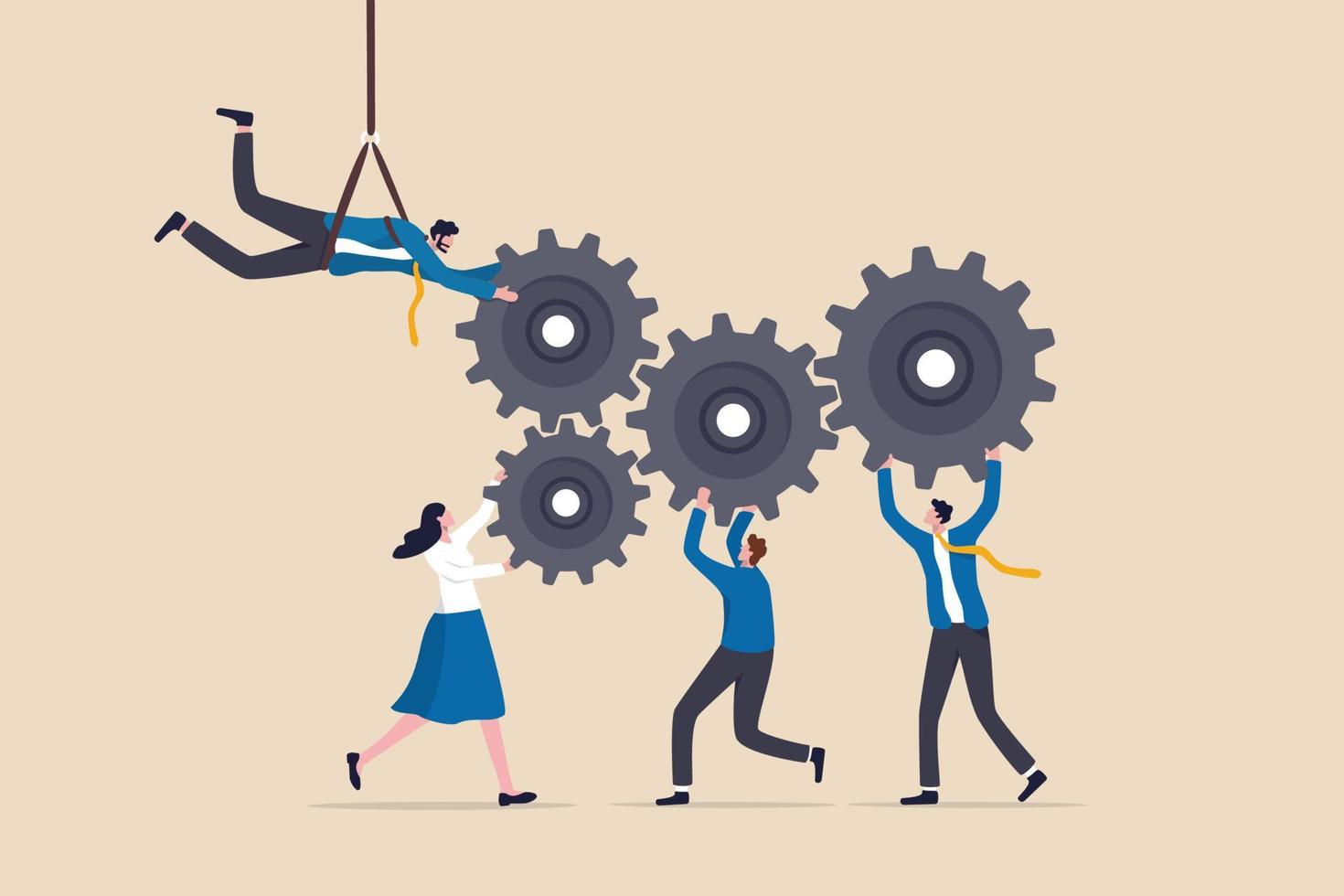 Collaboration or cooperate for team success, working together as teamwork to solve problem and achieve target concept, businessman and businesswoman team up to help connect gear or cogwheels together. vector