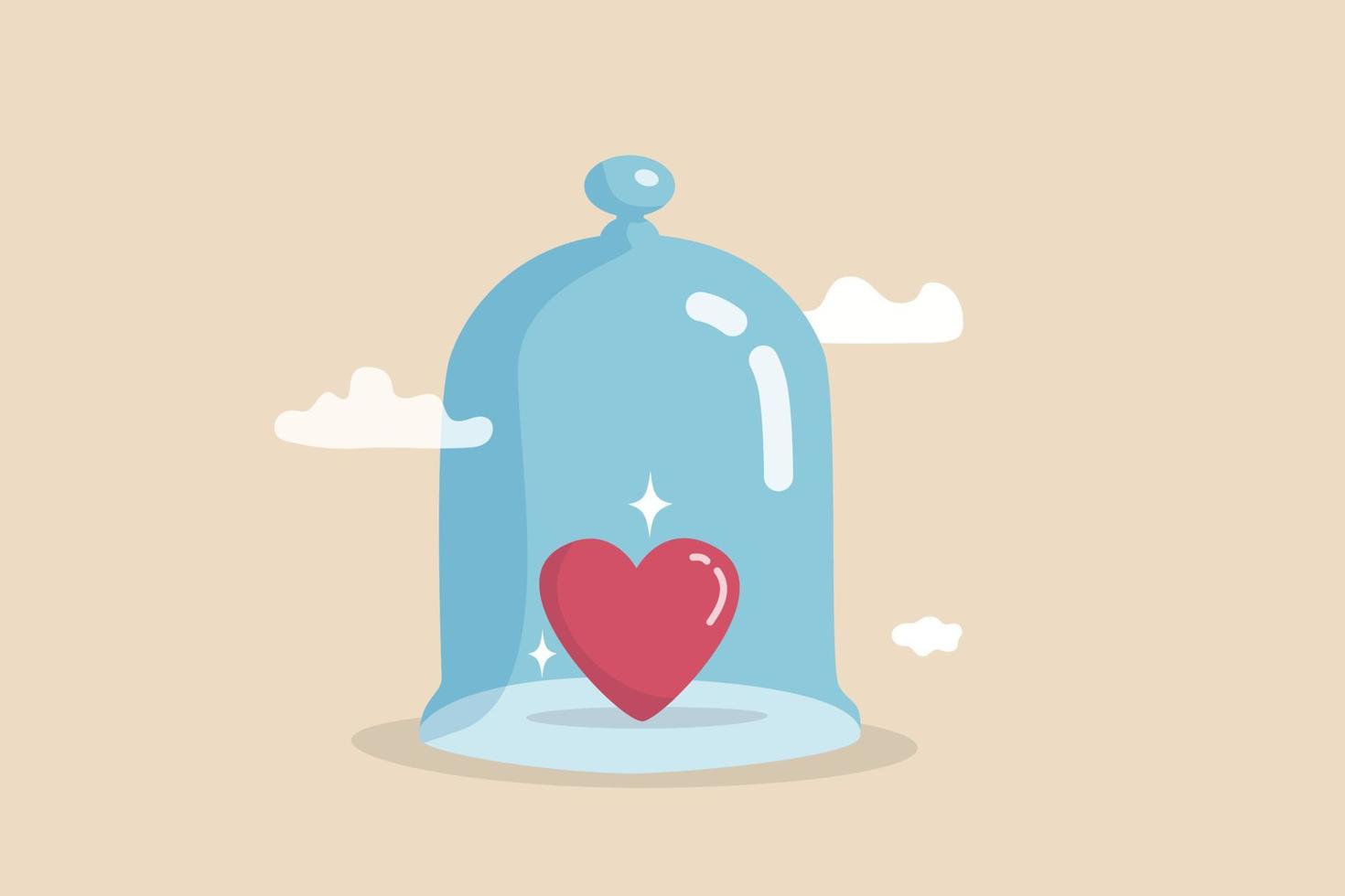 Life insurance family protection, guarding and security cover your love one, protect from illness, health or disease concept, shiny heart shape covered inside strong glass dome. vector