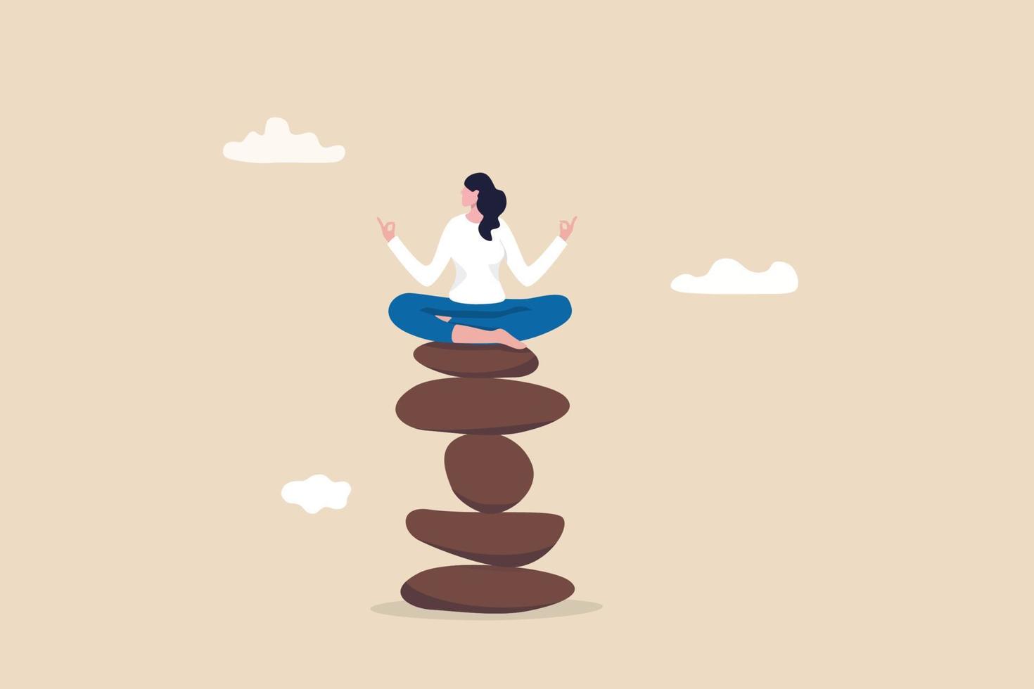 meditación de atención plena para equilibrar el trabajo y la vida, la curación de la salud mental con yoga relajante, disfrutar del concepto de libertad, paz y soledad, mujer tranquila y pacífica meditar sentada en la pila de la pirámide de roca zen. vector