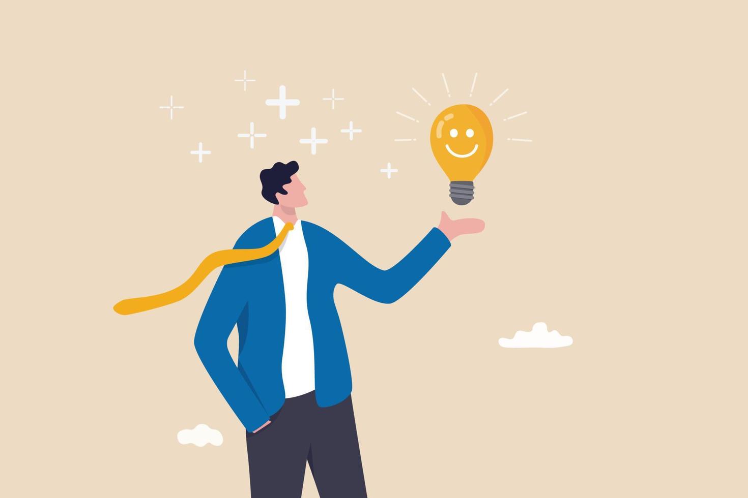 Positive thinking, optimistic mindset or good attitude to success in work, always get idea to solve any problems concept, happy businessman holding smiling lightbulb idea with positive vibes around. vector