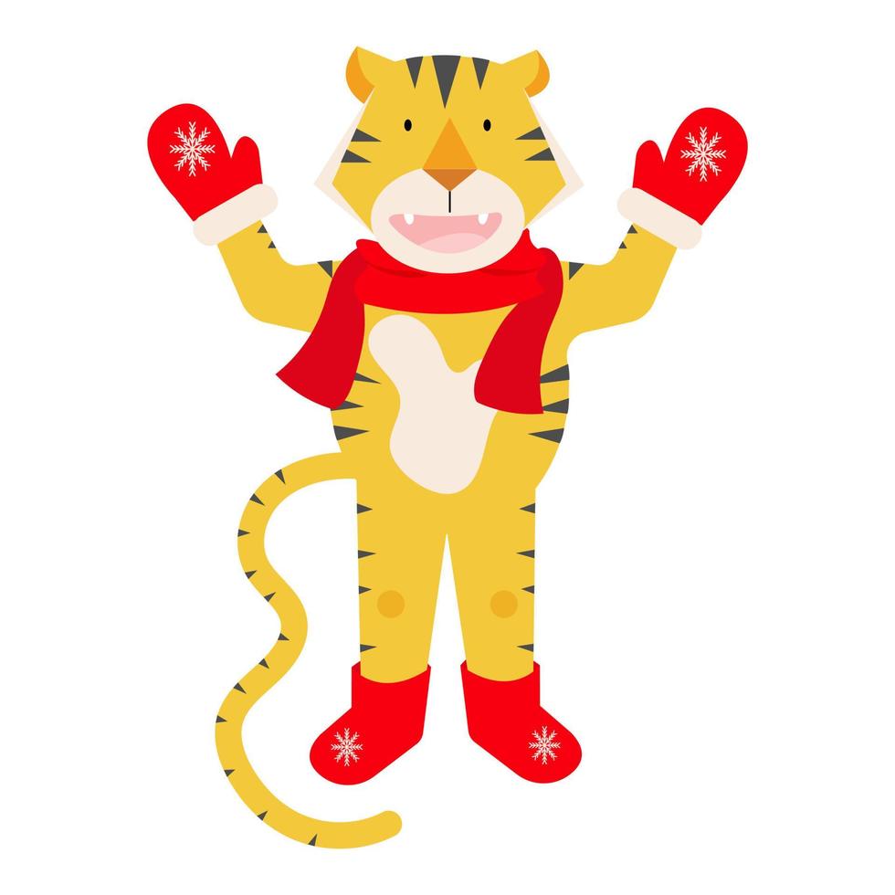 Modern bright tiger vector illustration on white background. Vector Chinese tiger standing with scarf and mittens. Flat cartoon style.