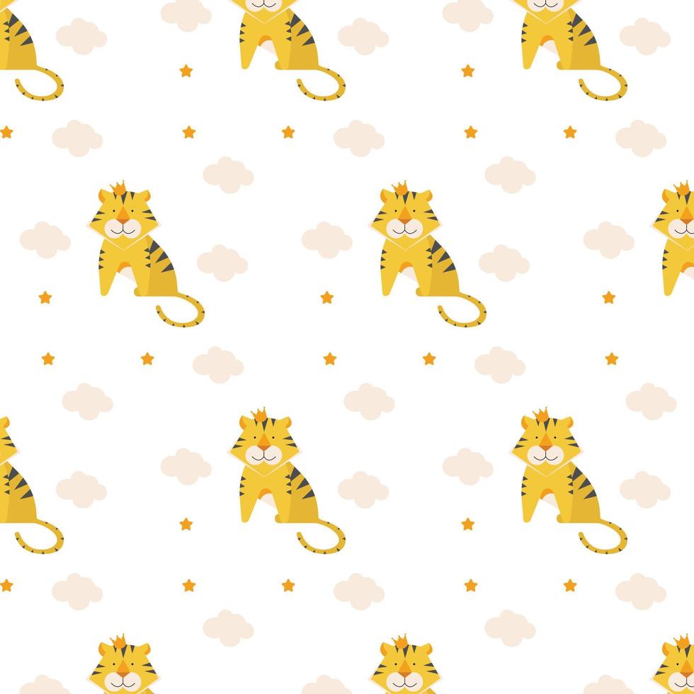 Vector seamless pattern with cute tiger with crown on the head. Flat vector illustration in cartoon style. Great design for any purpose.