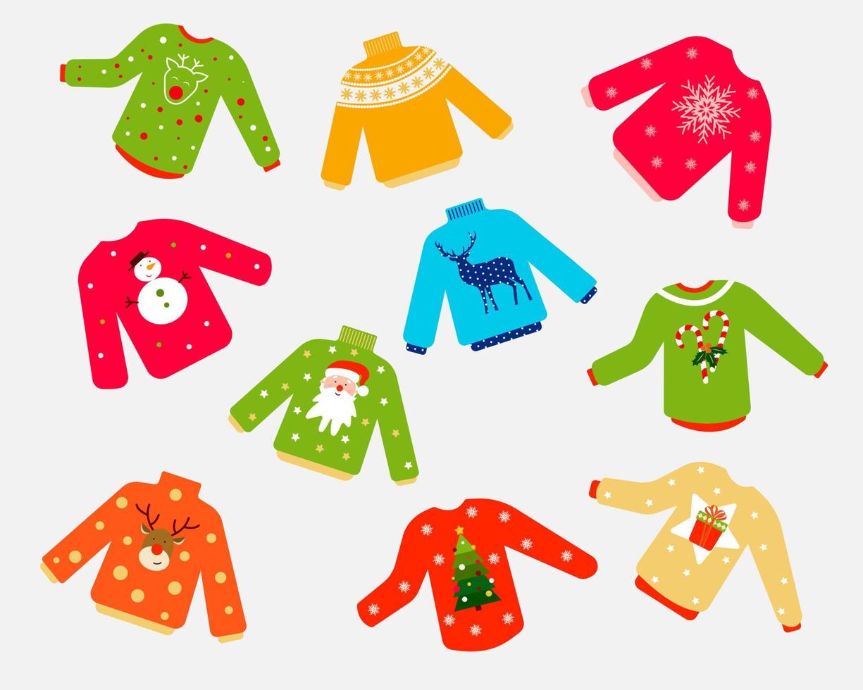 Ugly Christmas sweaters set isolated on light background. A bunch of knitted winter sweaters with various prints. Colorful flat vector illustration in cartoon style.