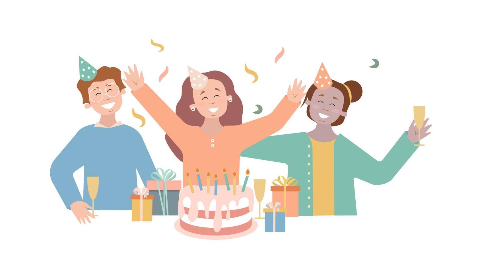 Group of happy people raising hands celebrating birthday, anniversary. Celebrating vector flat illustration. Celebration vector concept. Flat cartoon style.