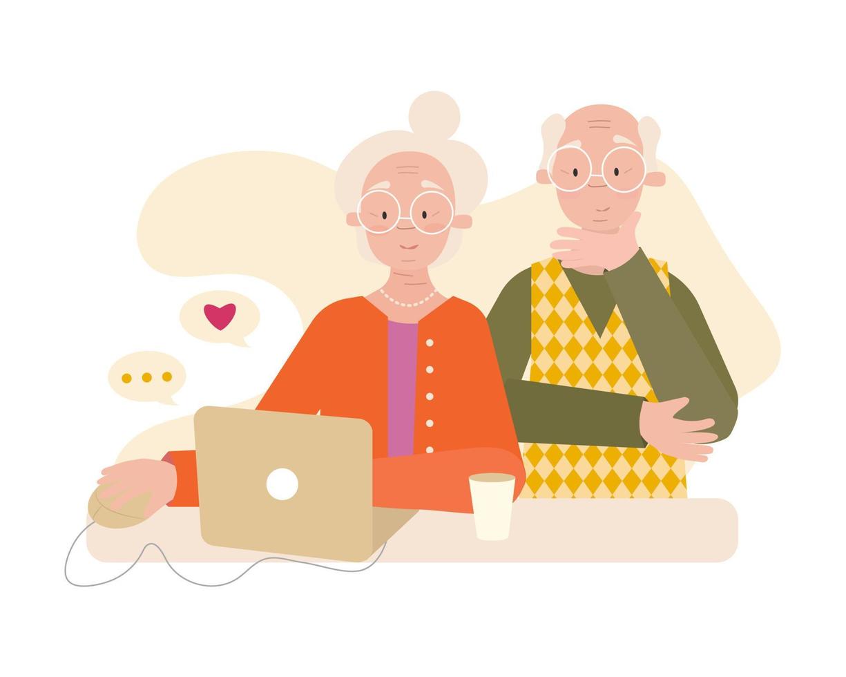 Happy grandma and grandpa are sitting near the laptop on light background. Vector flat illustration in cartoon style.