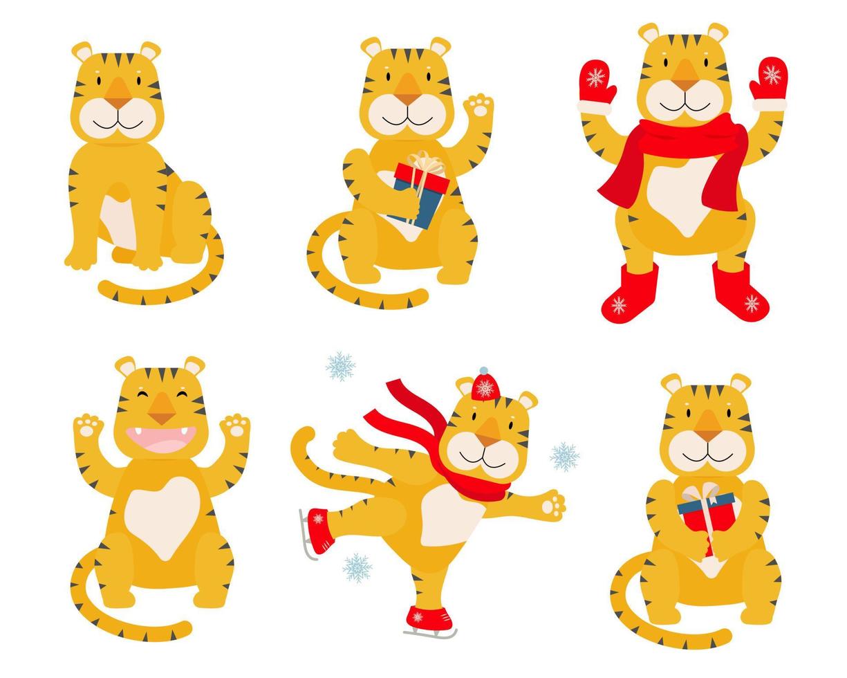 Vector set of Chinese tigers, symbol of the New 2022 year. Tigers in different positions and moods. Vector flat cartoon illustration on white background.