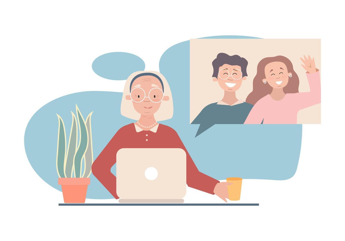 Happy grandma with laptop has an online talk with her grandchildren. Vector flat illustration in cartoon style.