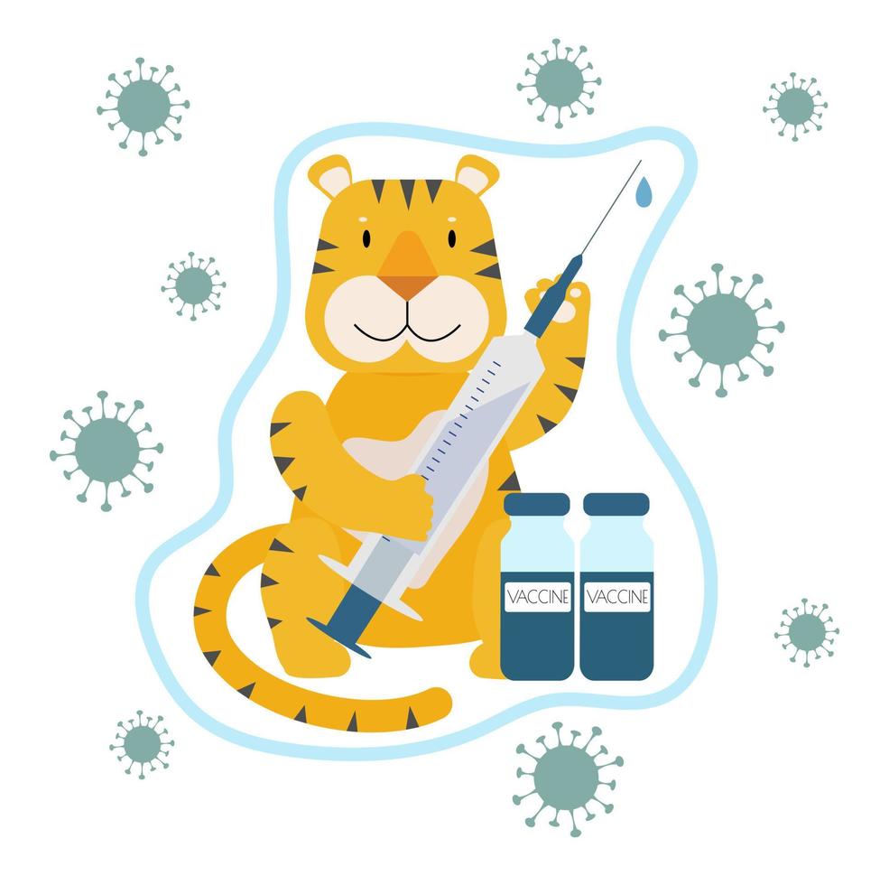 Smiling baby tiger with syringe is protected by vaccination. Children vaccination vector concept on white background. Flat cartoon style.