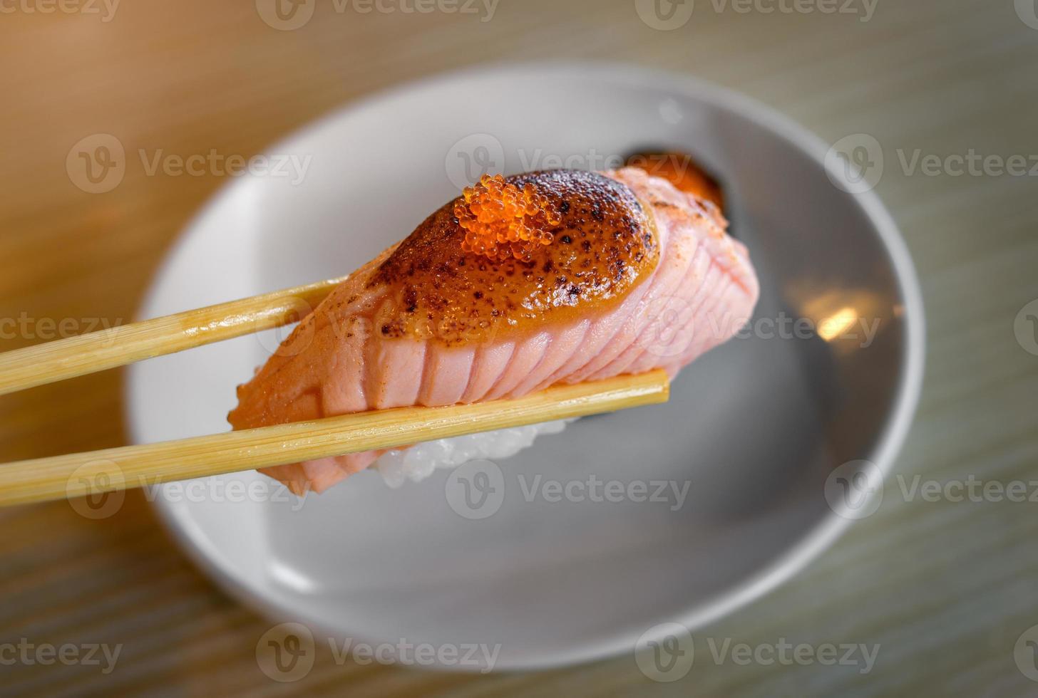 Salmon sushi grill top with sweet miso. photo