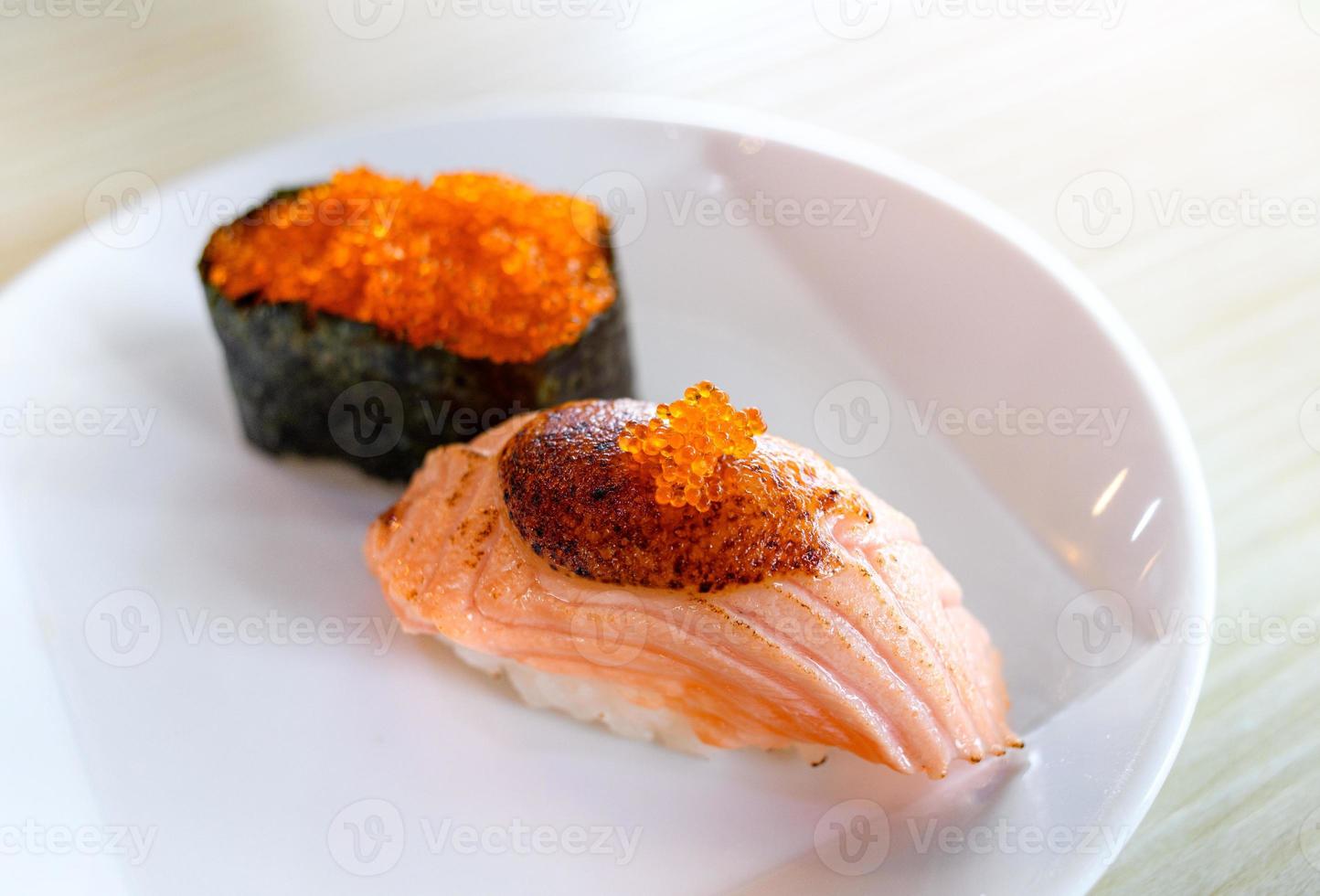 Salmon sushi grill top with sweet miso. photo