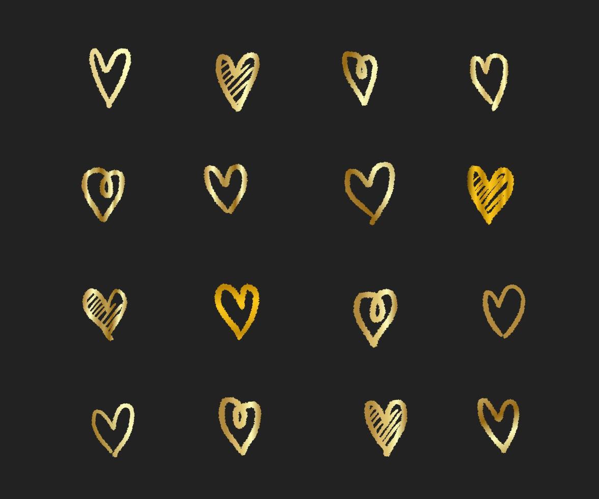 corazones de oro. pinceles de corazones dibujados a mano. forma de corazón pintado a mano. símbolo del amor tarjetas de boda del día de san valentín. ilustración vectorial vector