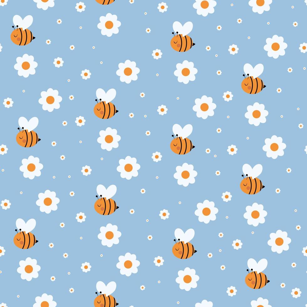 Seamless pattern with flying bee and flowers vector
